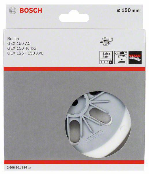 Balenie pre príslušenstvo brúsok Bosch. Zobrazuje položku 'Extra Soft' Ø150 mm. Kompatibilné s GEX 150 AC/Turbo, GEX 125-150 AVE.