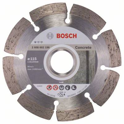 Segmentovaný diamantový rezný kotúč značky Bosch, priemer 115 mm, vhodný pre betón. Maximálne otáčky: 13 300 za minútu.