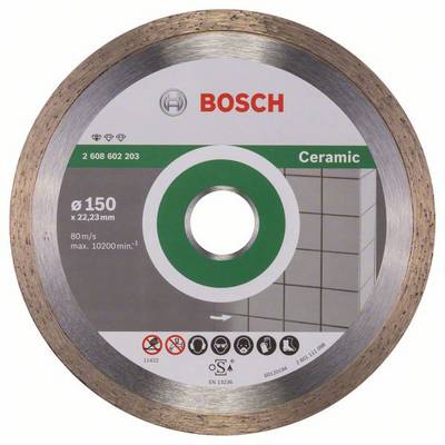 Rezná kotúč značky Bosch, špeciálne určený na keramiku, s priemerom 150 mm a maximálnymi otáčkami 10.200 za minútu.