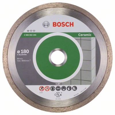 Balenie pílového kotúča Bosch pre keramiku. Údaje: priemer 180 mm, maximálna rýchlosť 80 m/s, max. 8500 ot./min.