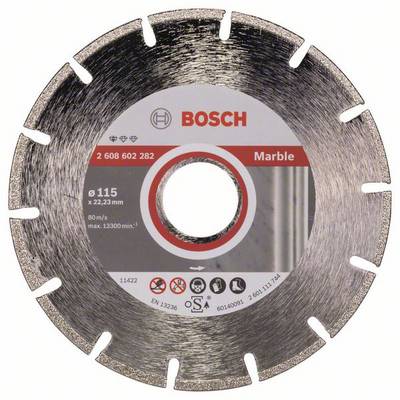 Diamantový kotúč značky Bosch, špeciálne určený na rezanie mramoru. Obsahuje technické špecifikácie a bezpečnostné symboly.