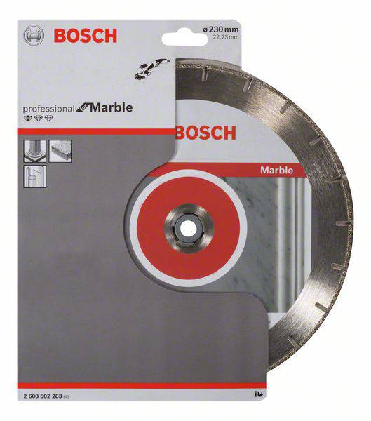 Balenie diamantového rezného kotúča Bosch pre mramor. Priemer kotúča: 230 mm. Vhodný na presné rezy do kameňa.