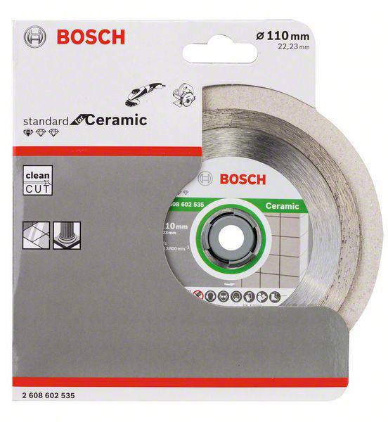 Rezná kotúč Bosch na keramiku s priemerom 110 mm. Balenie zobrazuje symbol "čistého rezu" a pokyny na použitie.