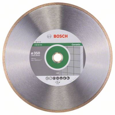 Kotúč pílového listu s logom Bosch, štítkom 'Ceramic', priemer 350 mm, určený na rezanie keramiky, rýchlosť 100 m/s.