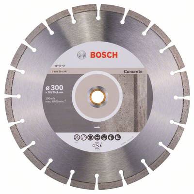 Kovový kotúč s nápisom 'Bosch Concrete', priemer 300 mm, vhodný pre betón. Strieborný povrch s segmentovými zubami.