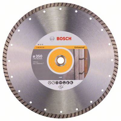 Strieborný rezný kotúč na univerzálne rezy, s logom Bosch, so žltou a čiernou etiketou, priemer 350 mm, segmenty na okraji.