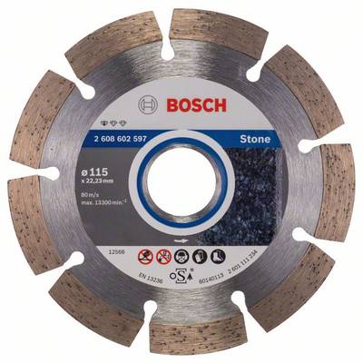 Diamantová rezná kotúč so segmentovaným okrajom, vhodná na spracovanie kameňa; od značky Bosch, priemer 115 mm, maximálne 13 300 otáčok za minútu.