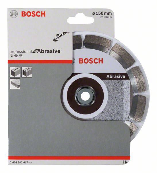'Rezný kotúč Bosch, priemer 150 mm, pre profesionálne použitie ako opracovanie kameňa a betónu, balený v kartónovej krabici.'