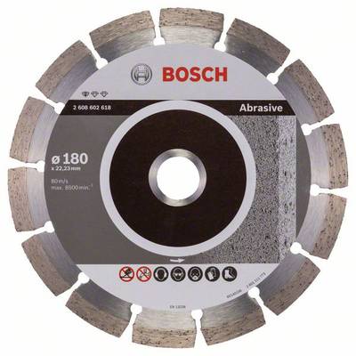 Priemyselný kotúč značky Bosch s nápisom 'Abrasive'. Priemer: 180 mm. Pre opracovanie materiálu pri rýchlosti 80 m/s.