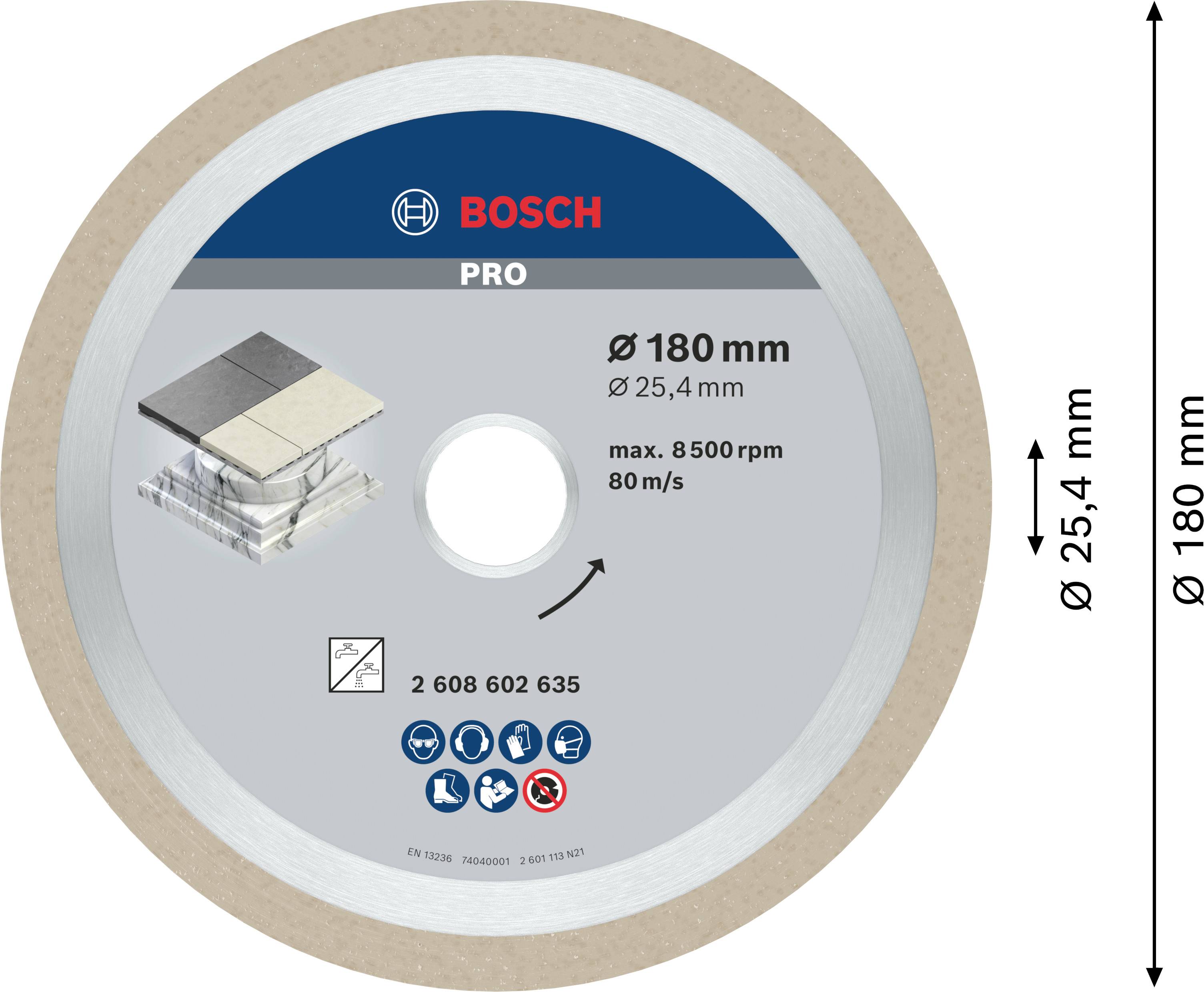 Brúsny kotúč od Bosch s priemerom 180 mm, vhodný pre maximálne 8500 ot/min (80 m/s), pre profesionálne použitie.
