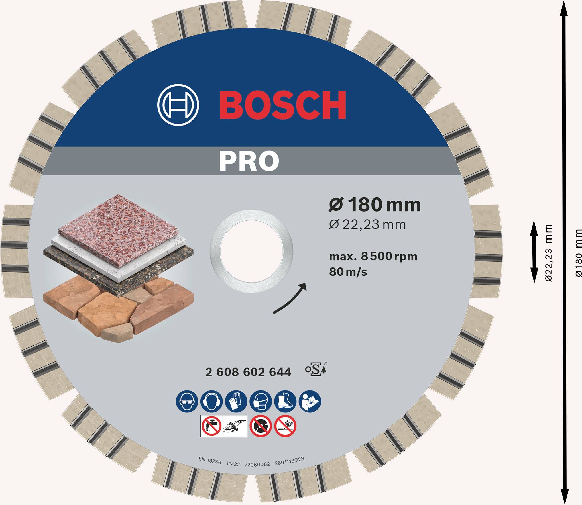 Diamantový kotúč od BOSCH PRO, priemer 180 mm, vhodný pre betón a kameň, max. 8500 ot./min, 80 m/s.