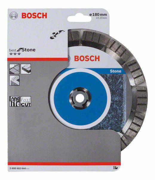 Diamantový kotúč Bosch na kameň, priemer 180 mm. Obal zobrazuje aplikačné piktogramy a informácie o dlhej životnosti.