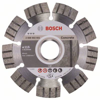 Diamantový rezný kotúč na betón so segmentovaným čepeľou a značkou 'Bosch'. Vhodný pre rezy 115 mm pri 80 m/s, max. 13 300 ot./min.