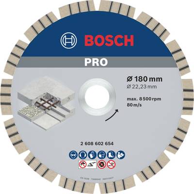 'Bosch Pro rezná kotúč, Ø180 mm, max. 8500 ot./min, na betón. Obsahuje symboly bezpečnosti a pokyny na použitie.'