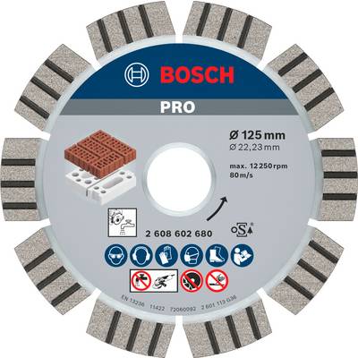 Diamantový kotúč 'Bosch Pro' na spracovanie kameňa a tehál, Ø125 mm, max. 12 250 ot./min. Piktogramy pre bezpečnosť použitia.
