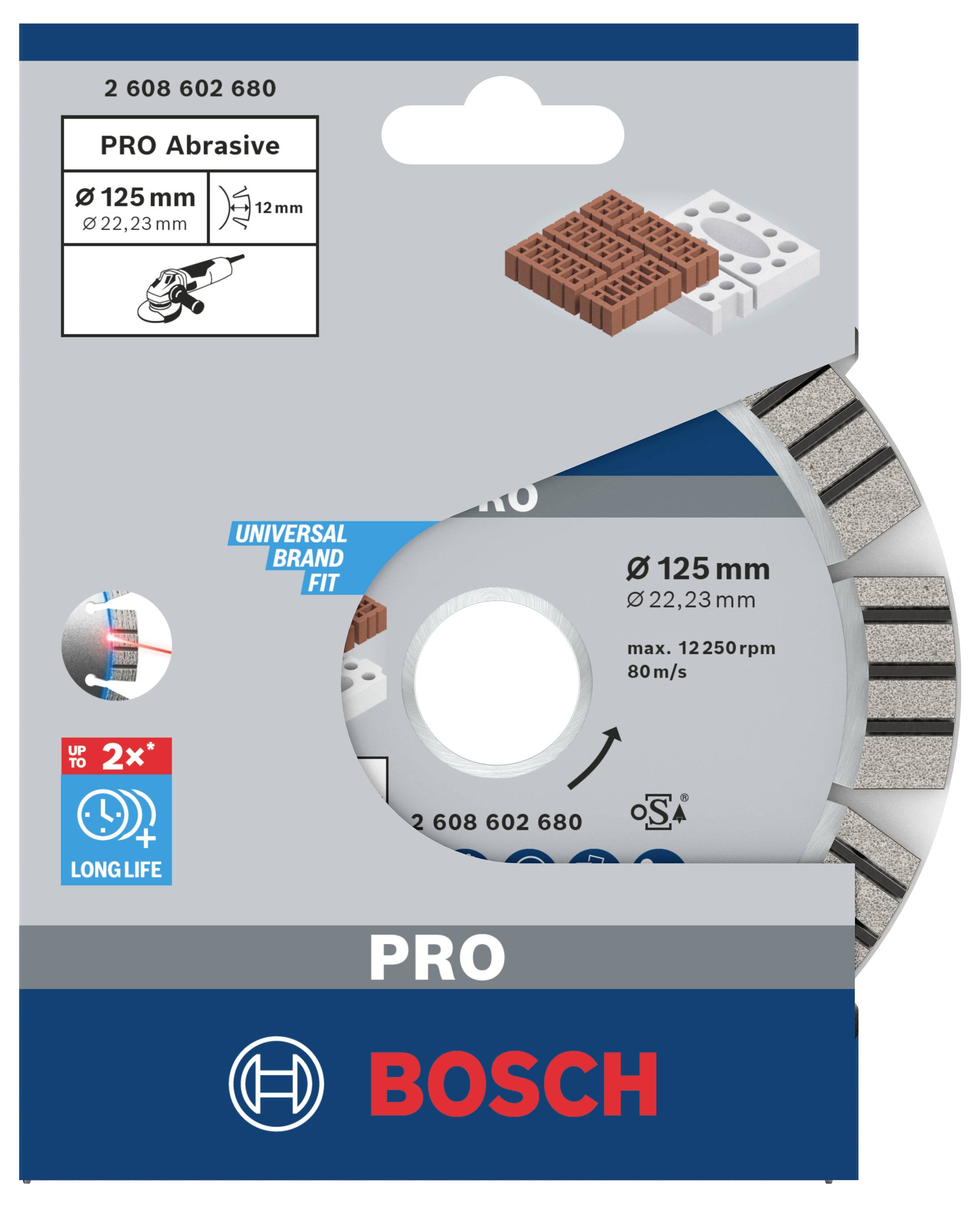 Balenie Bosch PRO brúsneho rezného kotúča, priemer 125 mm. Vhodný pre tehly a vápno-piesočné tehly, dlhotrvajúci.