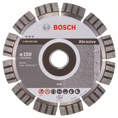 'Rezná kotúč Bosch, Ø 150 x 22,23 mm, pre abrazívne materiály, max. 80 m/s, max. 10200 ot./min, s údajmi výrobcu a bezpečnostnými pokynmi.'