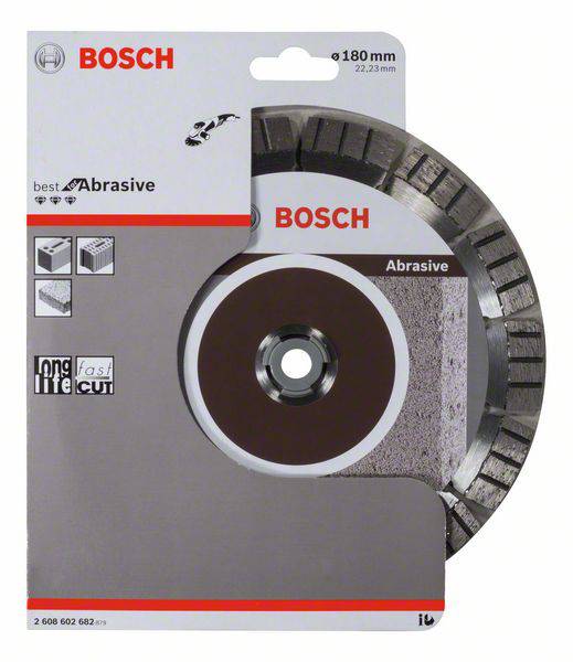 Kotúč s priemerom 180 mm od značky Bosch, vhodný pre abrazívne materiály. Obal zobrazuje logo značky, názov produktu a symboly použitia.