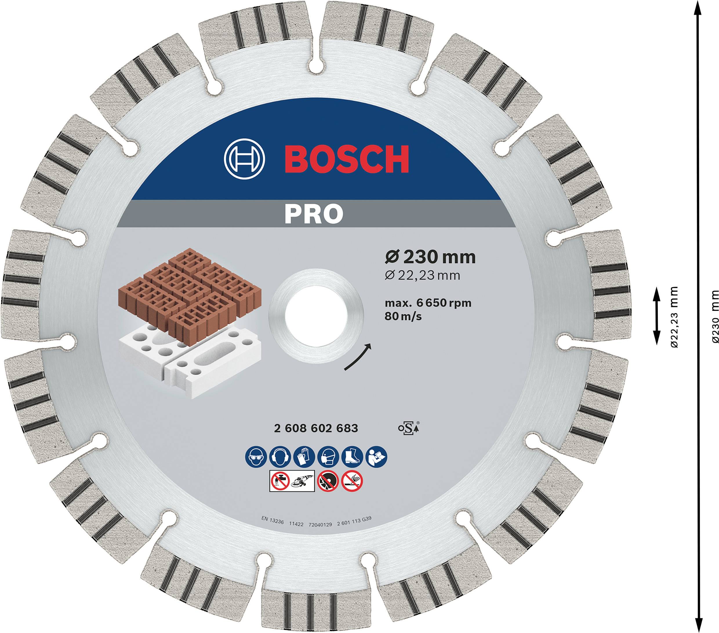 Diamantový rezný kotúč od Bosch pre stavebné aplikácie, vhodný pre tehly a vápno-piesočné tehly. Rozmery: 230 mm priemer, 22,23 mm vŕtanie.