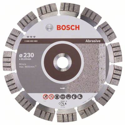 Guľatý brúsny kotúč Bosch, priemer 230 mm, určený na abrazívne materiály. Rýchlosť: 80 m/s, max. 6650 ot./min.