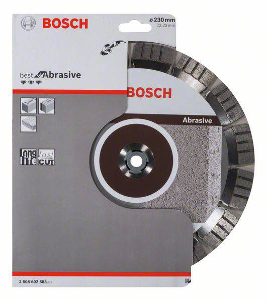 Diamantová rezná kotúč od Bosch, vhodná pre abrazívne materiály. Balenie zobrazuje číslo modelu a produktové detaily.