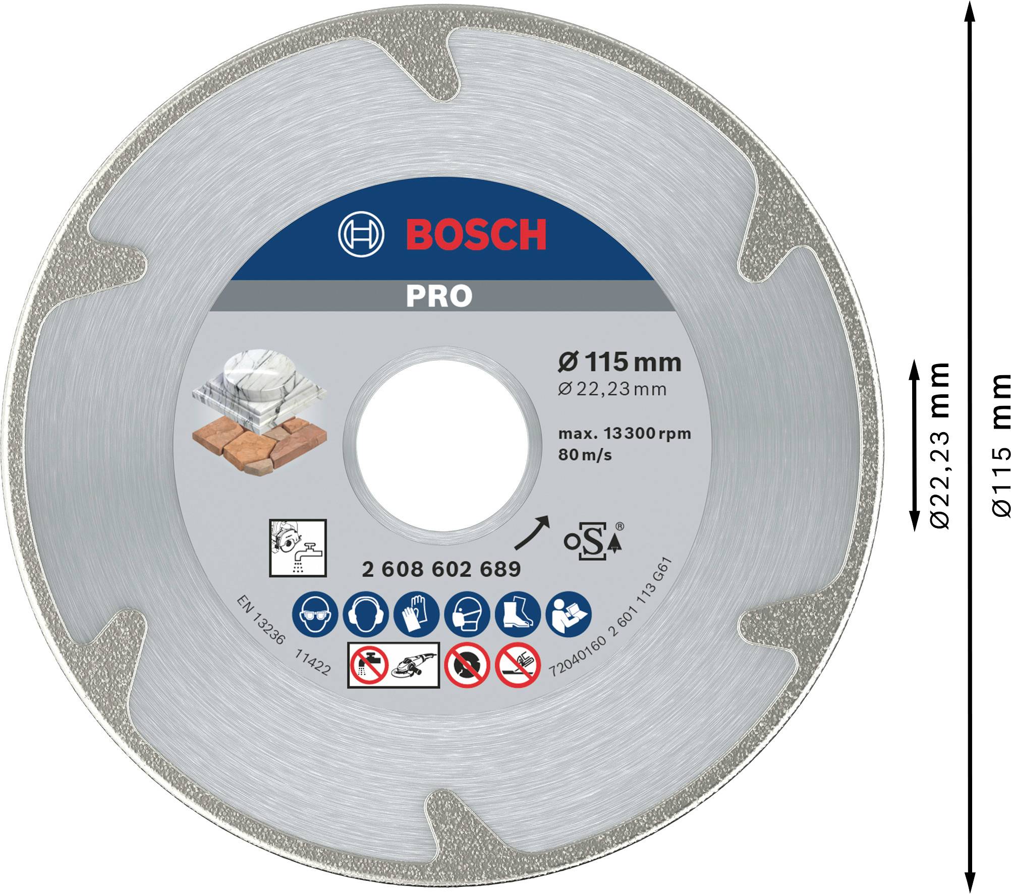 Brúsny kotúč 'Bosch PRO', priemer 115 mm, otvor 22,23 mm, max. 13.300 ot/min, na kameň, obklady a tehly.