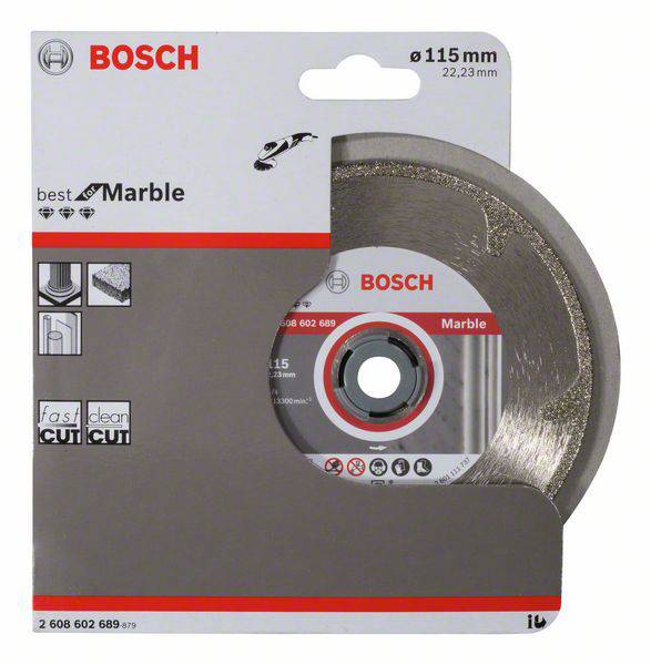 'Bosch diamantový kotúč 115 mm, vhodný pre mramor, rýchle a čisté rezy, so symbolmi pre typy rezov a bezpečnostné upozornenia.'
