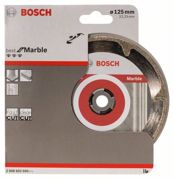 Diamantový rezací kotúč Bosch Ø 125 mm na mramor, na sivom obale s obrázkom kotúča.