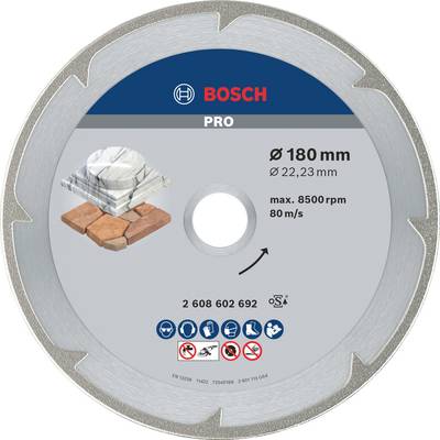 Diamantový kotúč 'BOSCH PRO', priemer 180 mm, na opracovanie kameňa a betónu, max. 8500 ot./min, 80 m/s, obrázky dlaždíc a kameňov.