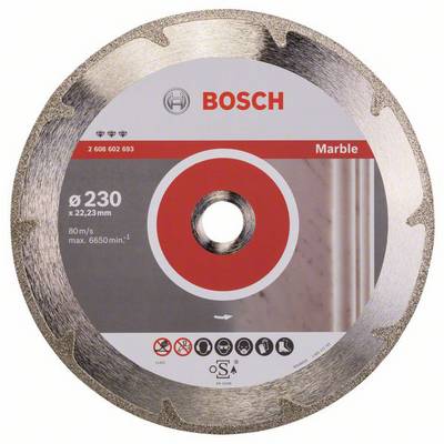 Diamantová rezná kotúč od Bosch pre mramor, priemer 230 mm. Zobrazuje maximálne otáčky, symboly bezpečnosti a účelu.