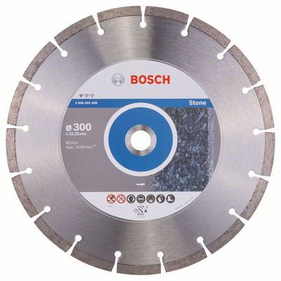 Diamantový rezný kotúč značky Bosch na spracovanie kameňa, priemer 300 mm, vhodný pre vysoké otáčky až do 5100 min⁻¹.