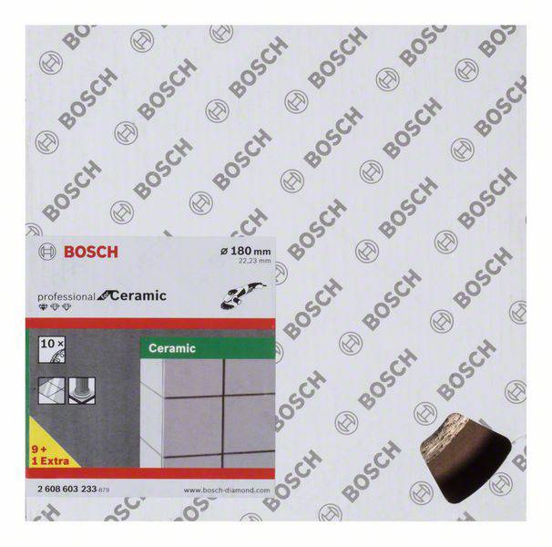 Obal na keramický pílový kotúč Bosch, zobrazuje názov značky, typ produktu a veľkosť (180 mm), s 10 čepeľami plus 1 navyše.