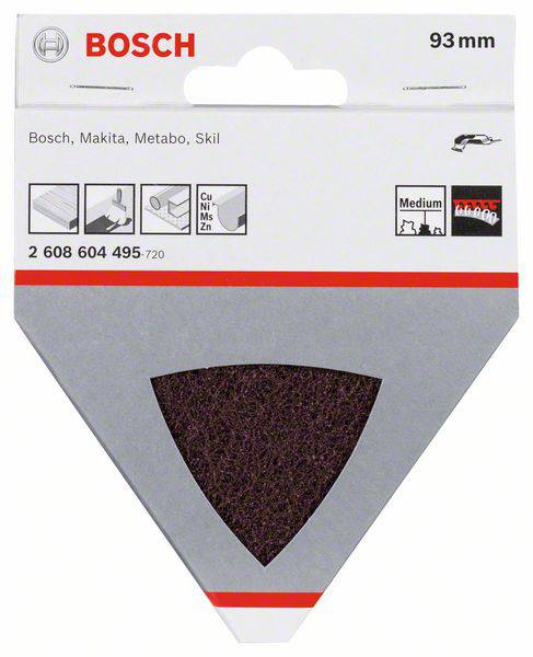 'Brúsny papier Bosch pre Bosch, Makita, Metabo, Skil, stredný, 93 mm. Vhodný na drevo, kov, farbu. Katalógové číslo: 2 608 604 495-720.'
