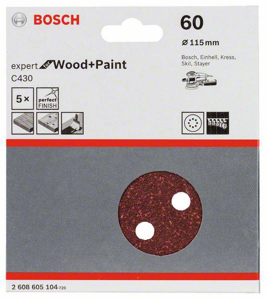 Brúsny list Bosch na drevo a farbu, 115 mm, zrnitosť 60, vhodný pre rôzne brúsky. Balenie obsahuje 5 kusov.