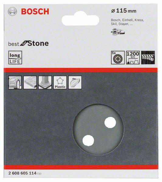Obrázok reznej kotúča Bosch s priemerom 115 mm, vhodný pre spracovanie kameňa. Informácie o kompatibilite a trvanlivosti.