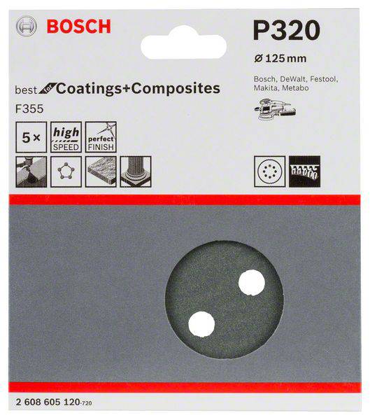Brúsny papier pre excentrickú brúsku, zrnitosť P320, priemer 125 mm. Kompatibilný s Bosch, DeWalt, Festool, Makita, Metabo.