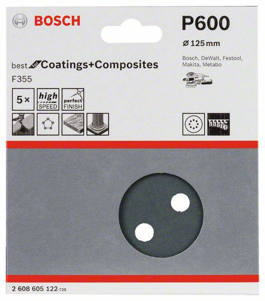 'Bosch P600 brúsny papier, Ø 125 mm, vhodný pre Bosch, DeWalt, Festool, Makita, Metabo. Dokonalý na nátery a kompozitné materiály.'