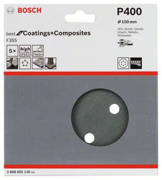 'Bosch brúsny kotúč P400, Ø 150 mm. Vhodný pre: AEG, Bosch, DeWalt, Hitachi, Metabo, Milwaukee. 5 kotúčov, vysoká rýchlosť.'