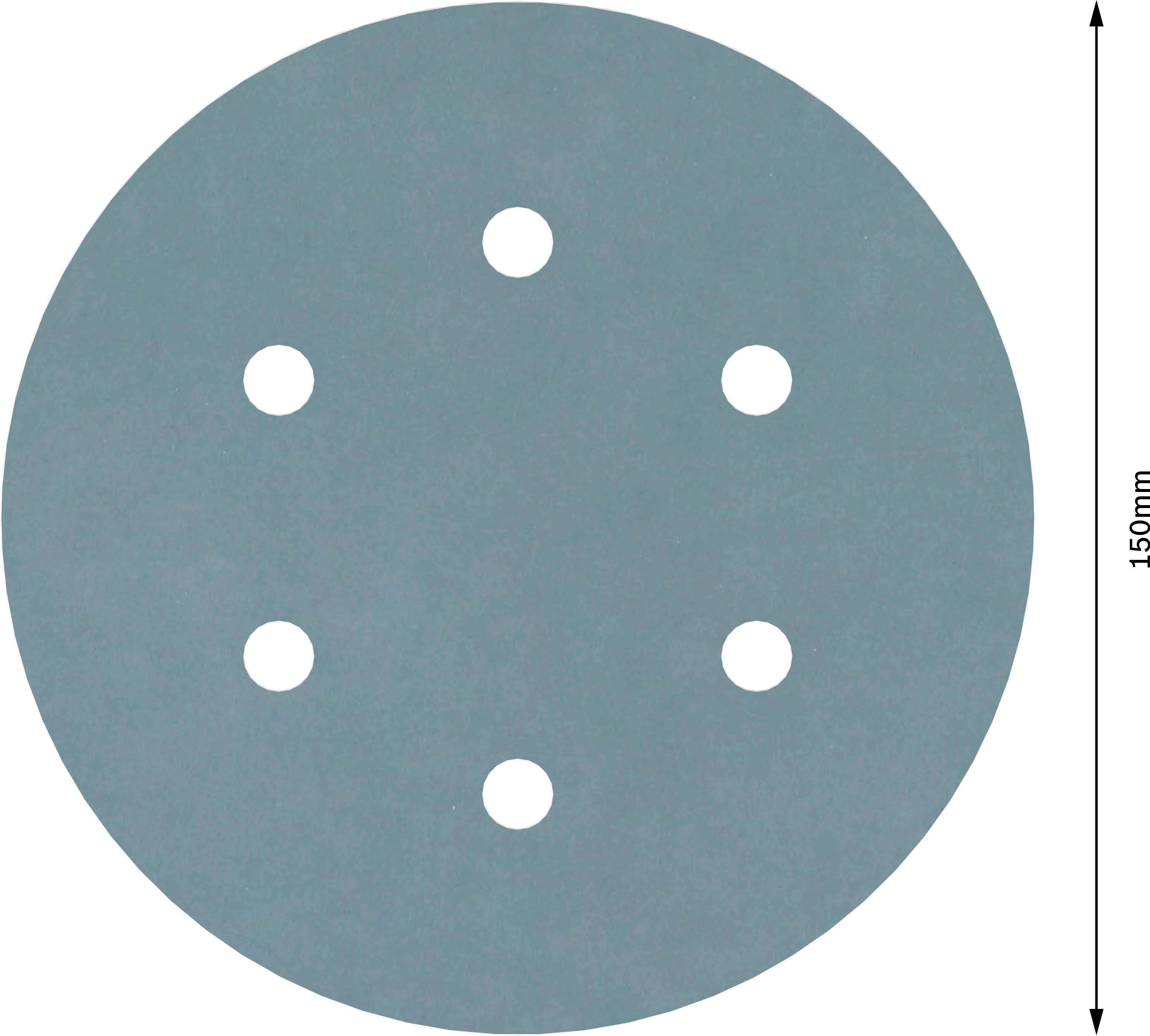 Sivý brúsny papier, okrúhly tvar so šiestimi otvormi, priemer 150mm.