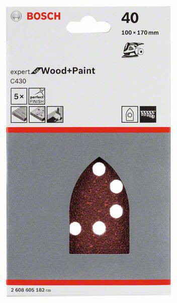 Balenie brúsneho papiera Bosch na drevo a farbu, zrnitosť 40, veľkosť 100 x 170 mm, 5 kusov, ideálne pre dokonalé opracovanie povrchu.