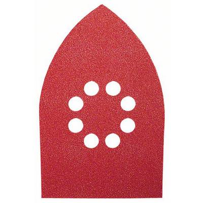 Červený brúsny papier so špicatým horným okrajom a deviatimi kruhovými otvormi v symetrickom usporiadaní.