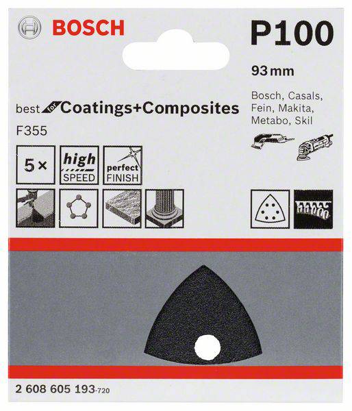 'Bosch brúsny papier P100, 93 mm, 5 kusov. Použitie pre nátery a kompozitné materiály. Kompatibilný s Bosch, Casals, Fein, Makita, Metabo, Skil.'