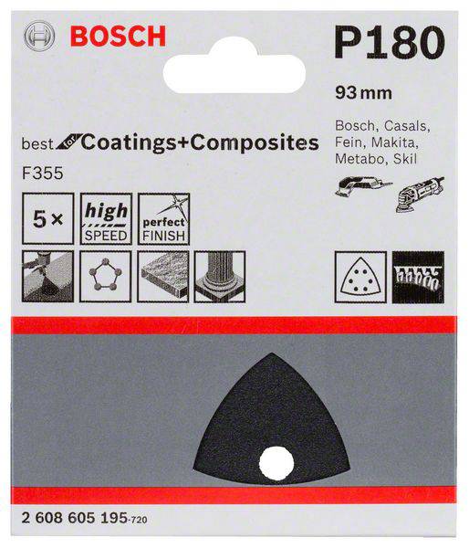 Trojuholníkový brúsny list P180, 93 mm, vhodný pre Bosch, Casals, Fein, Makita, Metabo, Skil. Obsahuje 5 kusov, pre vysoké rýchlosti.