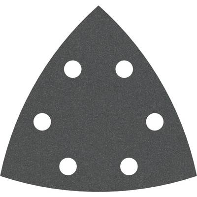 Trojuholníkový brúsny papier s šiestimi kruhovými otvormi, typicky používaný pre multifunkčný nástroj alebo trojuholníkovú brúsku.