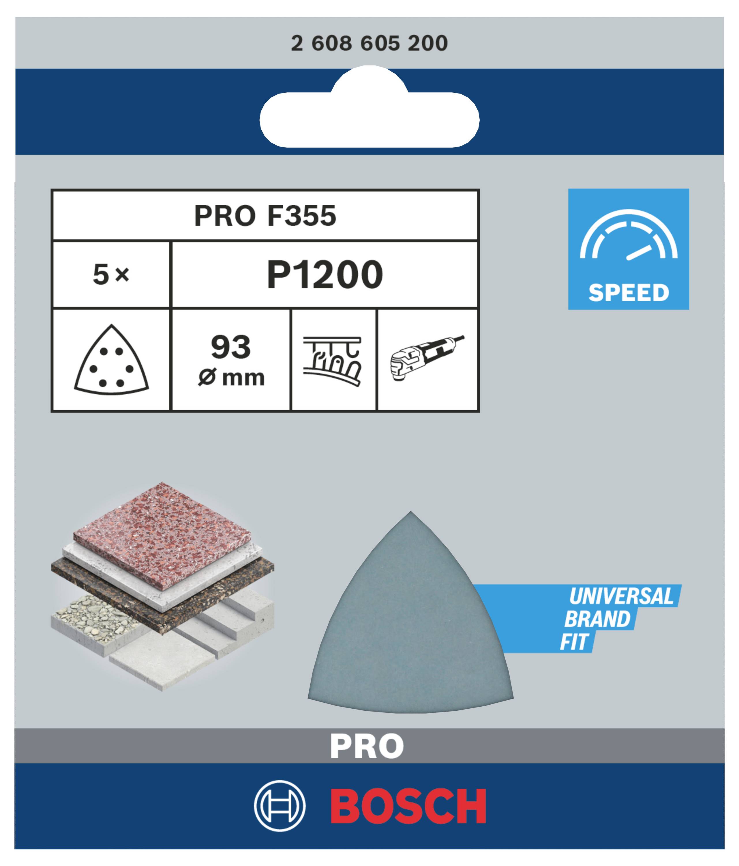 Brúsne kotúče Bosch Pro F355 P1200, 5 kusov, 93 mm, vhodné pre drevo a farbu. Zobrazuje rôzne oblasti použitia.