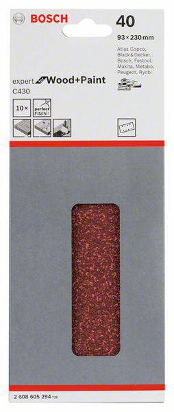 Balenie brúsneho papiera Bosch 'Expert for Wood+Paint', vhodné pre drevo a lak, veľkosť 93 x 230 mm, zrnitosť 40.