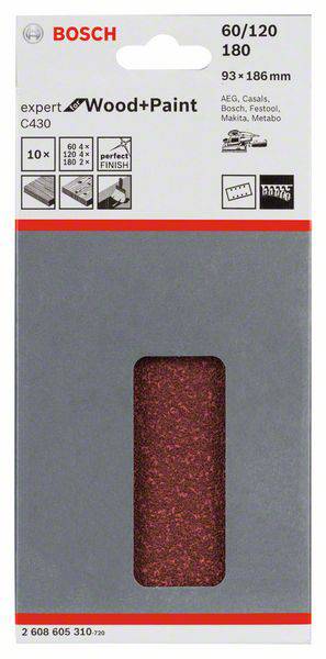 'Bosch brúsny papier, zrnitosť 60/120, 93x186 mm, vhodný na drevo a farbu. Expert C430, 10 kusov, pre rôzne brúsky.'