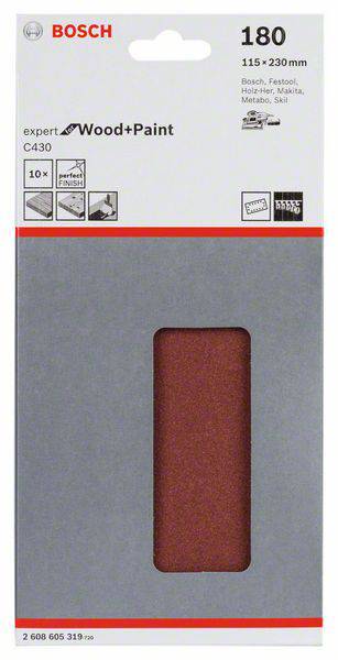 Bosch Brúsny papier Expert C430 pre drevo a farbu, zrnitosť 180, veľkosť 115 x 230 mm, vhodný pre rôzne nástroje.