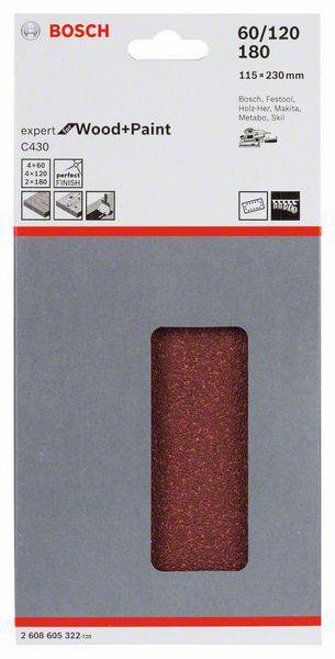 Bosch brúsny papier Expert pre drevo a lak, zrnitosť 60/120/180, 115 x 230 mm, vhodný pre Bosch, Festool, Metabo.