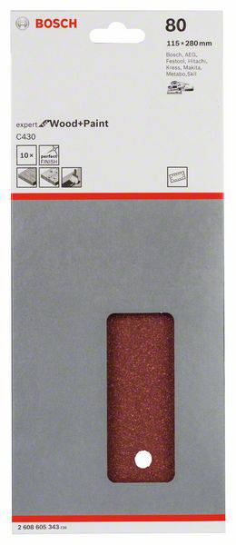 Balenie sady brúsneho papiera Bosch, vhodné pre drevo a farbu, zrnitosť 80, rozmery 115 x 280 mm, obsahuje 10 listov.